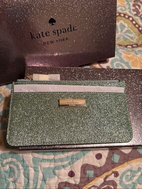 kate spade large glitter slim cardholder in seawater green in original box